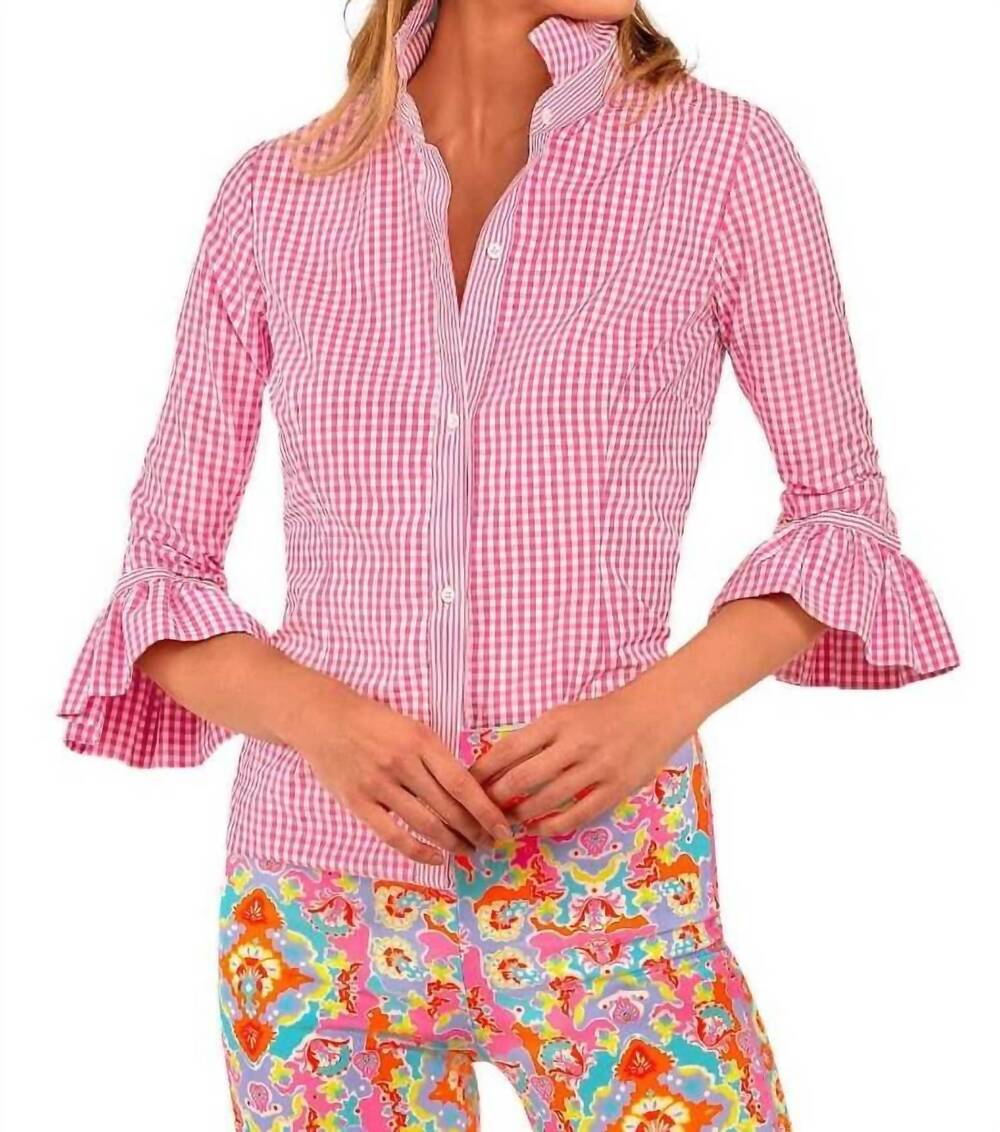 NEW GRETCHEN SCOTT priss three quarter sleeve blouse in pink gingham